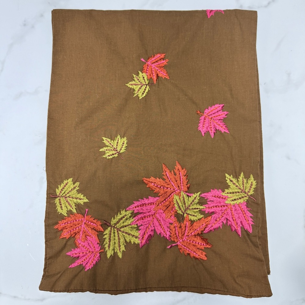 Embroidered Table Runner Brown Pink Green Autumn Fall Leaves Thanksgiving Decor